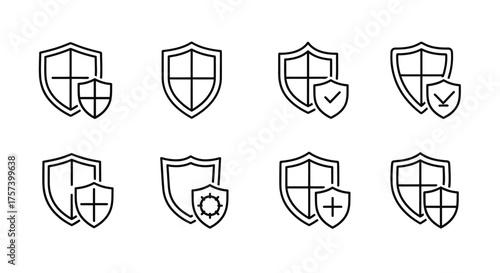 Security shield icons set protection safety cybersecurity digital defense lock emblem collection vector