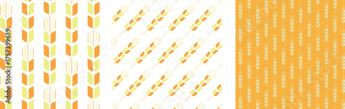 デフォルメされた黄色とオレンジの麦の穂のパターン模様セット