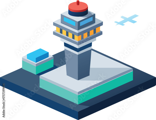 Isometric ai managed air traffic control tower vector illustration for scalable graphics