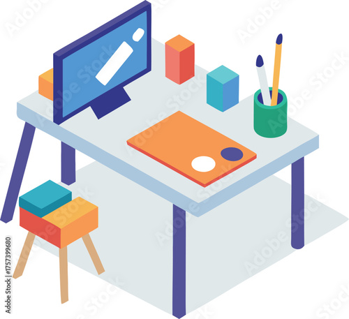 Isometric artist desk with easel computer and supplies vector illustration for creative design