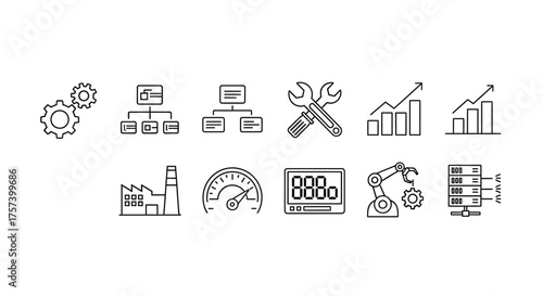Collection of icons representing business processes technology and data analytics tools for modern applications vector