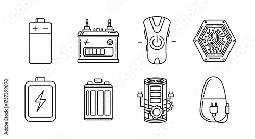 Collection of various battery types and power sources hand-drawn style icons for energy concepts vector