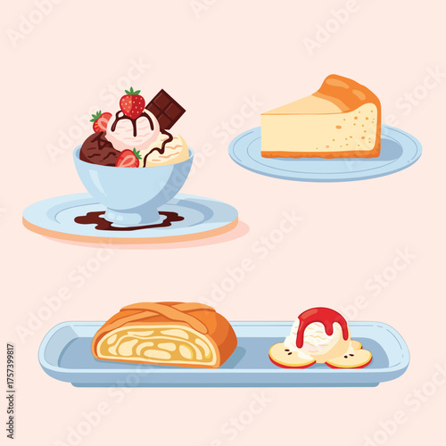 A collection of delicious sweet dessert dishes including ice cream strudel and cheesecake.