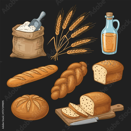 A collection of fresh baked goods and ingredients including flour oil and wheat.