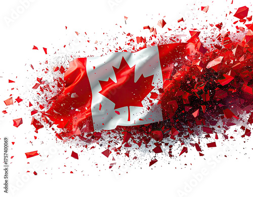 A Canadian flag with a maple leaf center bursting into many red fragments against a black background