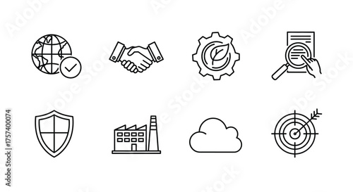 Collection of business and technology icons representing global trade security industry innovation and cloud computing vector