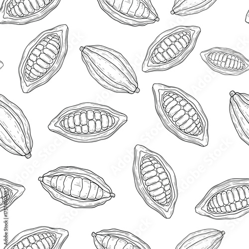 Repeating pattern of hand drawn cocoa bean illustrations on a white background.