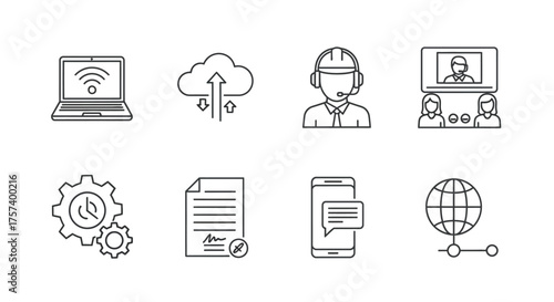 Set of 8 hand drawn icons representing technology and business concepts vector