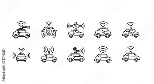 Collection of ten sketch-style autonomous self-driving car icons with radio waves and antennas vector