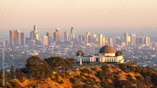 Griffith Observatory and downtown Los Angeles at sunrise, California, USA
