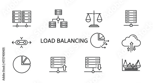 Diverse icons representing load balancing concepts and data management in technology vector