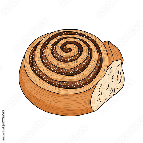 A delicious cinnamon swirl pastry with a bite taken out showing the fluffy inside.