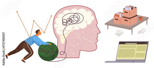 Person untangling yarn representing thoughts, brain as metaphor for mental clarity, filing boxes for organization, and laptop for productivity. Ideal for planning, problem-solving, creativity, mental