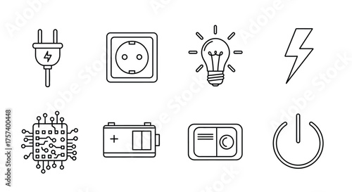 Set of hand drawn icons representing electricity technology and power symbols in a sketchy style vector