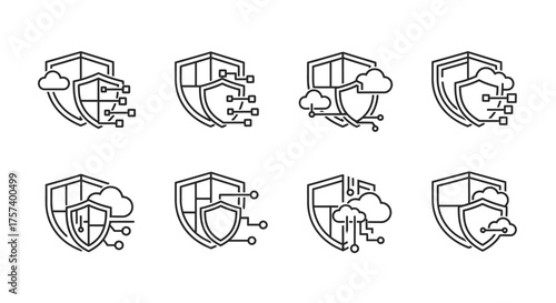 Set of cloud security shield icons abstract network data protection concept vector