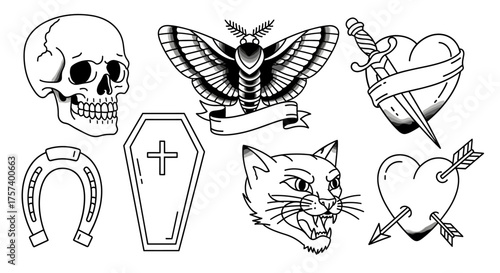Bold traditional tattoo flash sheet featuring skull, moth, cat, horseshoe, coffin, and hearts with arrow and dagger designs for edgy alternative style art