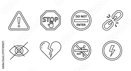 Collection of hand drawn warning danger prohibition symbols and icons on white vector