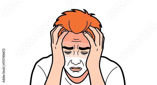 Young man overwhelmed with stress, clutching head in hands, experiencing mental anguish and pressure, clear visual of anxiety