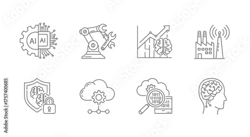 Modern technology icons set for ai cloud computing cybersecurity data analysis and networking concepts vector