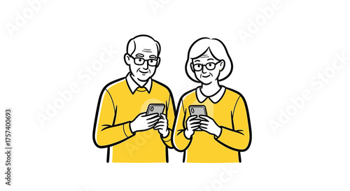 Charming elderly couple happily interacting with smartphones, showcasing modern connection and engagement in everyday life.