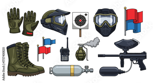 Get ready for action with this complete paintball gear set featuring masks, boots, markers, and everything you need for an exciting game!