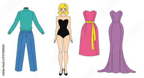 Dress up paper doll ready for fashion fun, featuring stylish dresses and casual outfit options for creative play and imaginative storytelling