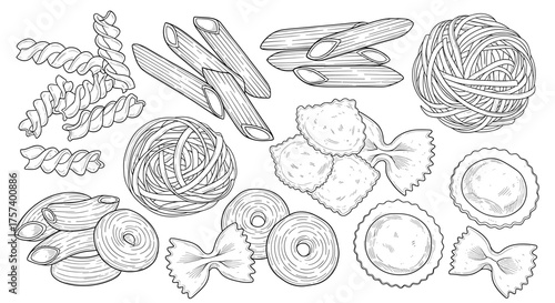 Delicious Italian pasta variety illustration for your next menu or recipe book, show off your passion for food with this collection of classic shapes