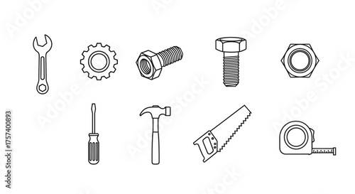 Hand drawn icons of essential tools and fasteners for diy and construction projects vector