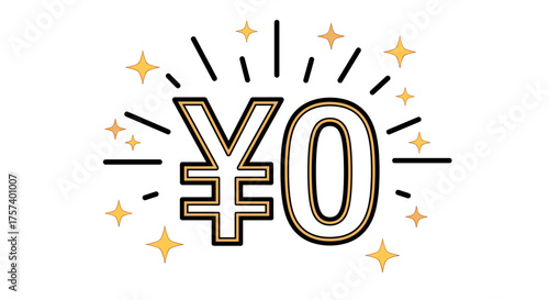 Zero cost, free, or no charge with yen currency symbol and sparkling stars around it, perfect for promotions and advertising campaigns