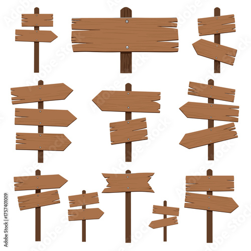 Collection of wooden directional signs pointing in different directions.