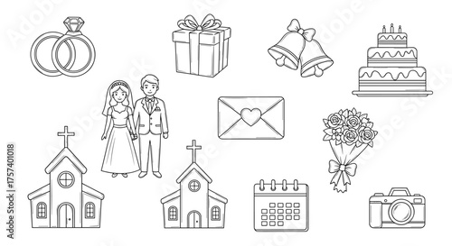 Plan your dream wedding with this lovely icon set featuring a happy couple, church, and cake for invitations, social media, and website designs