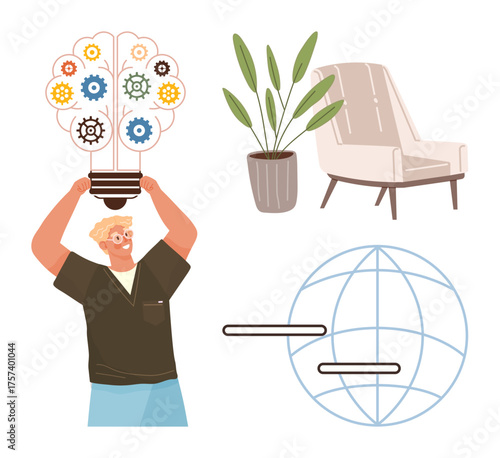 Person holding a bulb with gears representing ideas, globe with horizontal bars, chair, and plant. Ideal for creativity, innovation, teamwork, globalization education technology home. Simple flat
