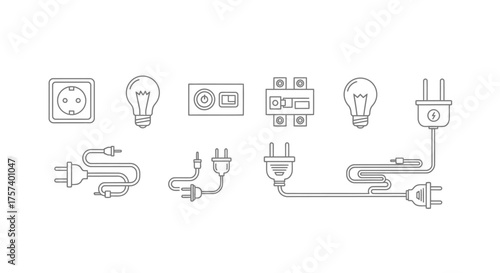 Collection of electrical components and appliances illustrated with clean lines on white vector