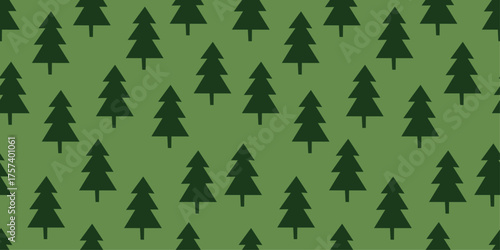 Pine tree pattern illustration with simple dark green fir silhouettes on olive background. Minimal seamless forest design perfect for wrapping paper, textile print, packaging, backgrounds.