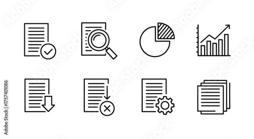 Set of business document icons representing analysis data reports and operations vector