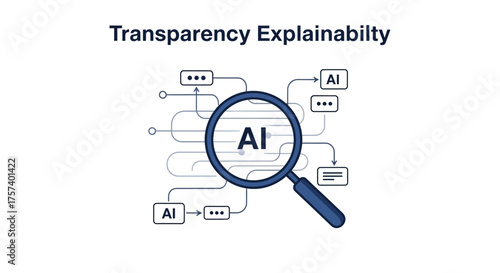 Magnifying glass over ai diagram symbolizing transparency and explainability in artificial intelligence vector