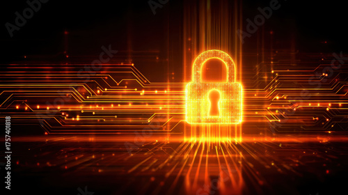 Glowing padlock symbolizing cyber security with digital circuit lines, conveying sense of protection and technology