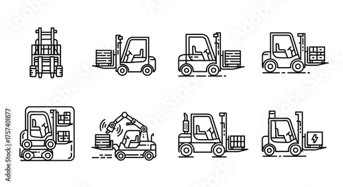 Collection of warehouse forklifts and loading equipment representing industrial logistics and material handling vector