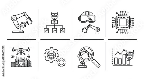 Modern industry technology icons robot drone vr ai chip gear magnifier chart concept icons vector