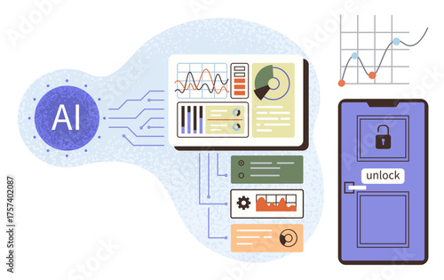 AI icon connected to data charts, analytics on screens, and a locked door unlocking. Ideal for data analysis, innovation, AI technology, decision-making, security, progress futuristic ideas