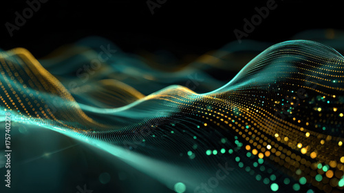Abstract digital landscape with glowing waves and dots in teal and gold hues, creating dynamic and futuristic feel