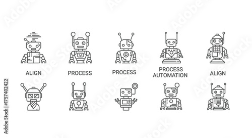 Cute hand drawn robot icons set collection diverse futuristic characters simple line art style vector