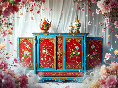 A blue and red cabinet with flowers painted on it