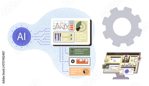 Diagram showcasing AI integration, data charts, graphs, and automated processes. Ideal for technology, business intelligence, innovation, analytics, education machine learning and workflow