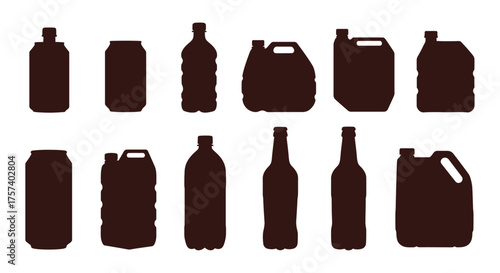 Collection of diverse container silhouettes featuring bottles cans and jerrycans for various liquids silhouette