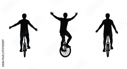 Silhouette trio of performers joyfully riding unicycles with arms wide open in celebration silhouette