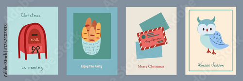 Wallpaper Mural Christmas card designs set. Modern winter template cute hand drawn vector flat with letter, baguette, owl. Vintage italian whimsical style for greeting, poster, label, tag, packaging and branding. Torontodigital.ca