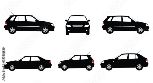 Diverse collection of black silhouettes of cars and station wagons from multiple angles for design projects silhouette