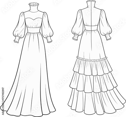 ad drawing flat vector illustration, long formal dress fashion sketch, garment construction template, clothing pattern layout, puff sleeve design