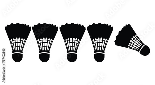 Five silhouette badminton shuttlecocks arranged in a row with one tipped over demonstrating play silhouette